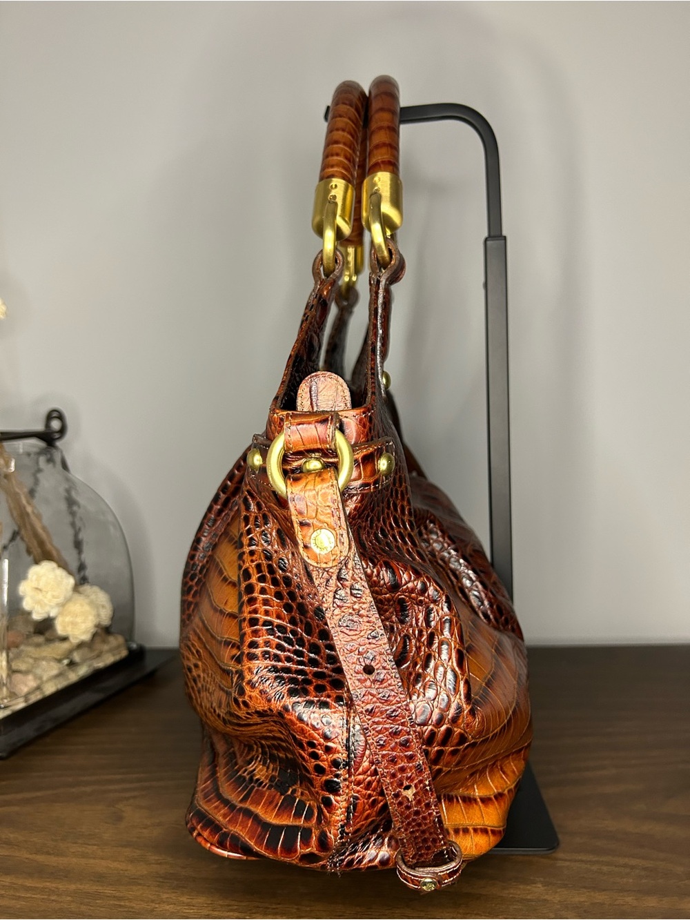 Brahmin Melbourne Elise Pecan Croc Embossed Satchel Bag - Picture 8 of 13
